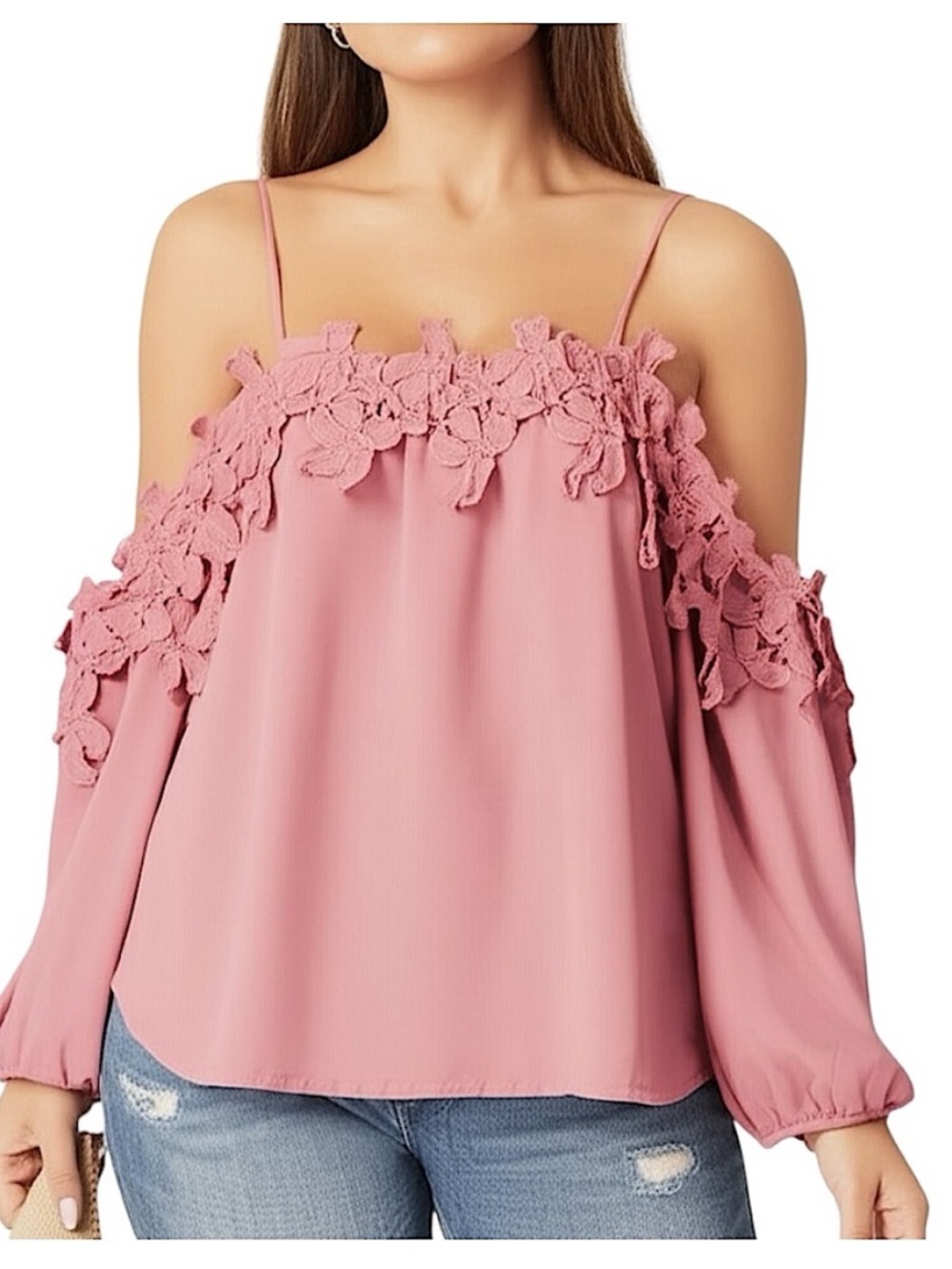 Papermoon Floral Embroidered Cut Out Cold Shoulder Top Pink Medium Preppy Spring